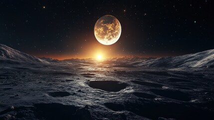 Wall Mural - Celestial landscape of a distant moonlit world.