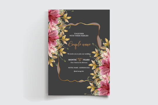 WEDDING INVITATION FRAME WITH FLOWER DECORATIONS AND FRESH LEAVES