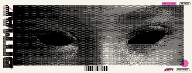 Poster - Artistic interpretation of a human ear in pixel style, influenced by bitmap and dadaism with y2k aesthetics