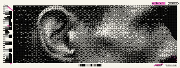 Poster - Artistic interpretation of a human ear in pixel style, influenced by bitmap and dadaism with y2k aesthetics