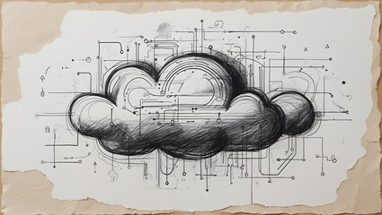 Aufkleber - a detailed sketch depicting a cloud shape with connected digital circuits, representing the concept of cloud computing and technology