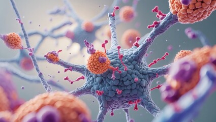 Aufkleber - Microscopic view of neurons with synaptic connections and neurotransmitters in vivid colors. It's a colorful illustration to explain the complex interactions of neurons
