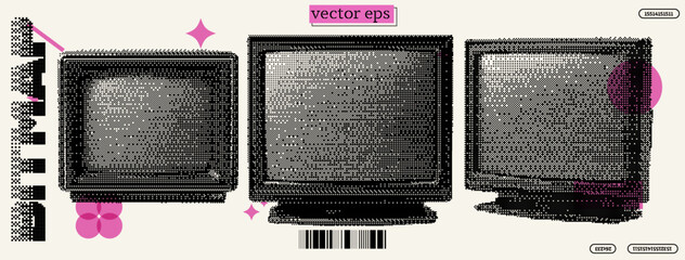 Poster - Retro pixel art display of vintage computer monitors in a y2k-inspired style showcasing dadaism and bitmap aesthetics