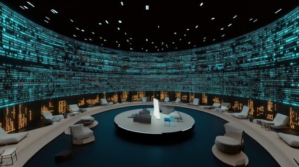 Futuristic room with cyan digital code wall display and comfortable seating