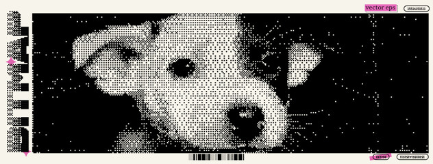 Poster - This artwork features a dog rendered in intricate pixel art style, showcasing a black and white color palette reminiscent of early digital designs.