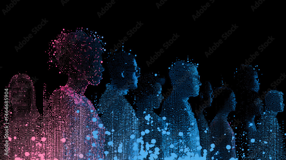 digital human figures made of particles and light trails, abstract ...