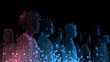 © TyliJura - digital human figures made of particles and light trails, abstract technology background with glowing data visualization, virtual identity and network connection concept in neon gradient style