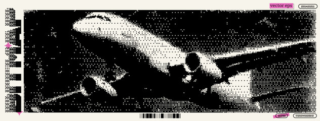Poster - An airplane ascends into the sky, depicted in a pixelated style that captures the retro vibe of bitmap art and dadaism. This artwork recalls the early digital aesthetics of y2k culture.