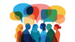 © TyliJura - abstract human silhouettes with overlapping colorful speech bubbles, symbolic communication and discussion concept, vivid transparent illustration of social interaction and idea exchange