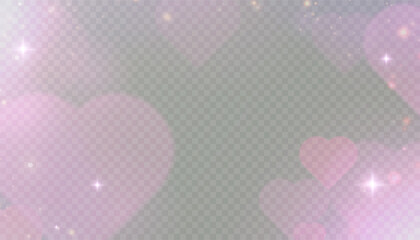 Poster - Soft pink bokeh hearts with glowing sparkles on transparent background. Romantic abstract overlay for Valentine’s Day, wedding invitations, love-themed design or festive decoration.

