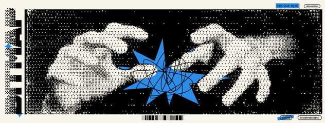 Poster - Two stylized hands reach toward a vibrant blue star, surrounded by abstract lines. This graphic captures the essence of Dadaism with a modern twist, reminiscent of pixel art and Y2K design.