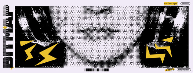 Poster - A woman enjoys listening to music while wearing large headphones. The artwork showcases a pixelated, vibrant style with elements of dadaism, evoking a digital, retro feel.