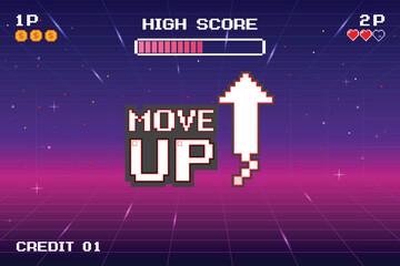 Wall Mural - move up icon pixel art. 8 bit game. retro game. retro futurism sci-fi background. glowing neon grid.