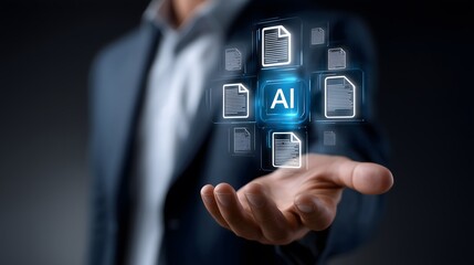 Poster - A businessman interacting with a virtual AR dashboard featuring multiple floating document icons labeled “AI”, symbolizing smart content creation and digital workflow.