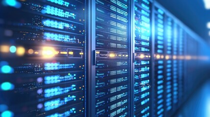 Poster - Blue glowing server racks in a dimly lit data center corridor, representing digital networks, data processing, cloud infrastructure, and high performance computing systems