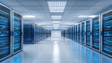 Poster - Symmetrical blue data center interior with glowing lights, highlighting digital infrastructure, cloud computing, and enterprise data management in a futuristic setting