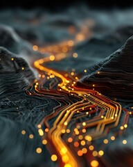 Fototapete - Abstract landscape with glowing river of light in three dimensional space