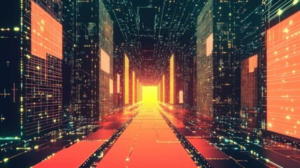 Fototapete - Futuristic digital corridor with glowing pathway and colorful light effects