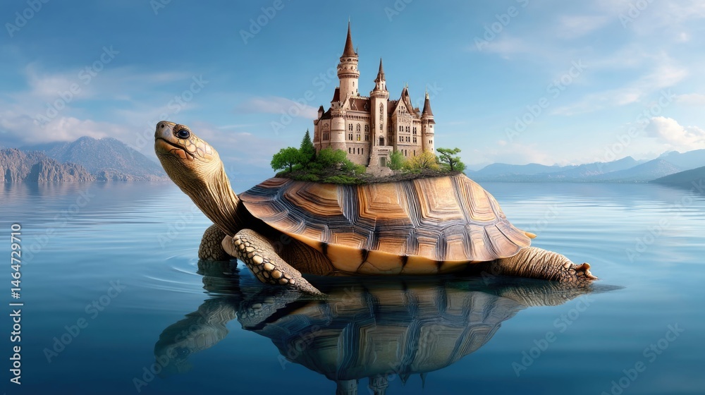 Turtle with a castle on its shell swimming in calm waters with a serene ...