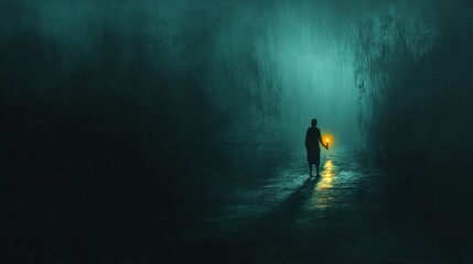 Wall Mural - A solitary figure holding a glowing lantern, standing at the edge of a narrow, shadowy path, where the darkness ahead feels thick and oppressive, evoking a sense of fear and suspense