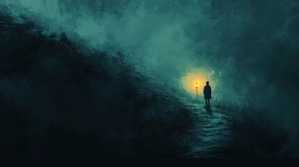 Wall Mural - A solitary figure holding a glowing lantern, standing at the edge of a narrow, shadowy path, where the darkness ahead feels thick and oppressive, evoking a sense of fear and suspense