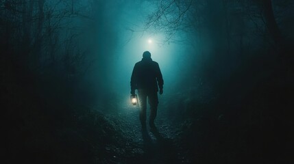 Wall Mural - A man with a lantern, standing at the entrance of a dark, overgrown trail, the light from his lamp barely lighting the way as eerie, sinister shapes seem to emerge from the darkness ahead 