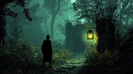 Wall Mural - A man with a lantern, standing at the entrance of a dark, overgrown trail, the light from his lamp barely lighting the way as eerie, sinister shapes seem to emerge from the darkness ahead 
