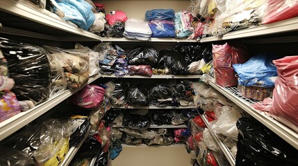 Overcrowded storage shelves filled with various items