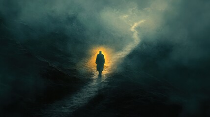 Wall Mural - A man holding a lantern that illuminates a tiny patch of a pitch-black path, with the rest of the road disappearing into an unsettling void of shadows and mist