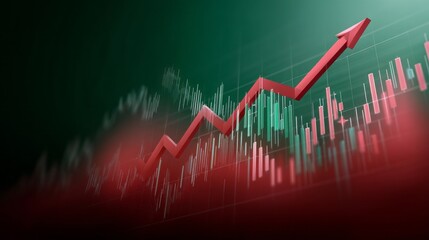 Poster - This digital illustration depicts a stock market chart with a prominent upward trend. Vibrant red and green candlestick patterns highlight price movements, illustrating market dynamics