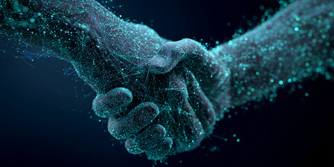 Poster - Abstract image of two hands clasped, rendered in a network of glowing teal lines, symbolizing connection, collaboration, or partnership