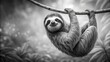 © Dounghathai - A Monochromatic Portrait of a Three-Toed Sloth Hanging Peacefully from a Branch in a Lush, Verdant Forest