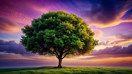 Wall Mural - lush green tree stands alone on a hilltop against a vibrant sunset sky