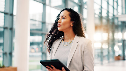 Poster - Lobby, thinking and business woman with tablet in office for communication, connection and email. Professional, corporate and person on digital tech for contact, online website and B2B networking