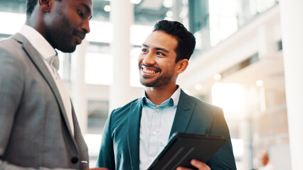 Poster - Meeting, office and business men with tablet for online project, collaboration and discussion. Professional, corporate team and workers on digital tech for research, website and proposal in lobby