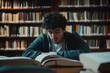 © Kavi - Thinking student preparing for exams inside academic library, man overworked and tired studying alone, hispanic sitting among books doing homework