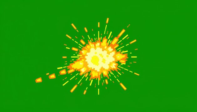 Pixelated Explosion Animation with Yellow and Orange Hues Isolated on Green Screen Background Top View for Game Design and VFX Projects Retro Style