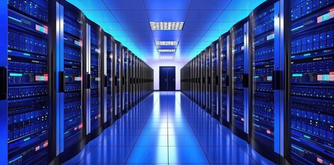 Poster - Abstract view of illuminated server hardware with selective focus and vibrant lights, perfect for high tech content, cybersecurity, and network themes.