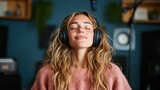 A serene young woman, deeply immersed in music with headphones on, embodies tranquility and joyful escape, capturing a moment of blissful meditative peace.