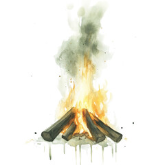 Poster - Watercolor Illustration of Campfire with Burning Logs and Rising Smoke