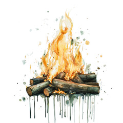 Poster - Watercolor Illustration of a Campfire with Flames and Wood Logs Isolated