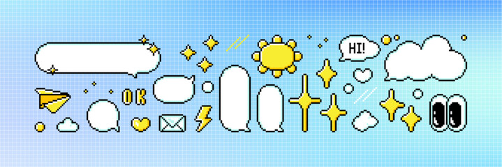 Fototapete - Set of pixel art dialogue box and retro game style elements. Speech bubbles in the mood of 90's aesthetics. Vector 8-bit pixelated style illustration