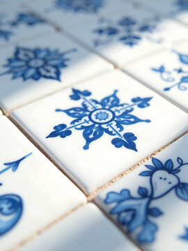 intricately rendered blue ceramic tiles warm soft focus set subtle white background