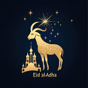 Eid Al Adha card design with a golden, glowing goat silhouette and mosque silhouettes on a dark blue background.