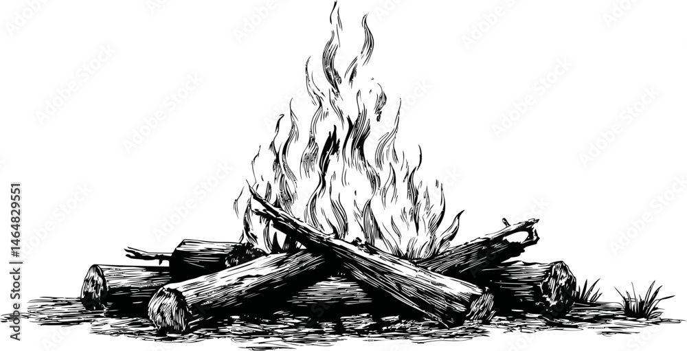 Black and white sketch of a campfire with logs and flames. Vector ...