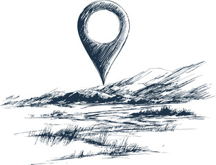 Aufkleber - Sketch of landscape with location pin over hills, monochrome drawing illustration. Vector illustration
