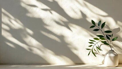 Poster - Green leaves casting soft shadows on a warm beige beauty wall, a tranquil and inviting atmosphere aesthetic filled with natural creating abstract background video 4k