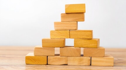Poster - Stack of wooden blocks illustrating a tower of clarity rising from a solid base for a building blocks concept