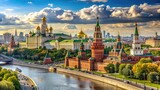 Beautiful panoramic view of the moscow kremlin buildings and river landscape under a sunny sky