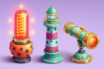 Poster - Colorful lighthouse and telescope designs with vibrant patterns and glowing elements in a whimsical style